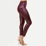 Wholesale solid Faux Leather Waistband Ankle Leggings Waisted Polyester Spandex