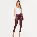 Wholesale solid Faux Leather Waistband Ankle Leggings Waisted Polyester Spandex