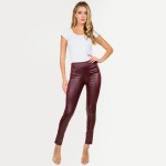 Wholesale solid Faux Leather Waistband Ankle Leggings Waisted Polyester Spandex