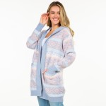 Wholesale knit Abstract Nordic Snowflake Printed Open Cardigan Hood Pockets Poly