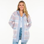 Wholesale knit Abstract Nordic Snowflake Printed Open Cardigan Hood Pockets Poly