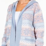 Wholesale knit Abstract Nordic Snowflake Printed Open Cardigan Hood Pockets Poly