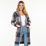 Wholesale knit Plaid Long Open Cardigan Hood Pockets S M Fits US Women s M L Fit