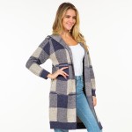 Wholesale knit Plaid Long Open Cardigan Hood Pockets S M Fits US Women s M L Fit