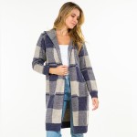 Wholesale knit Plaid Long Open Cardigan Hood Pockets S M Fits US Women s M L Fit