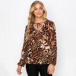 Wholesale women s Animal Print Tie Front Top Pack Long sleeves Drawstring closur