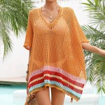 Wholesale orange Knit Swimsuit Cover Up Multi Color Stripe Detail One Fits Most
