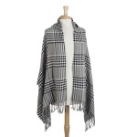 Wholesale gray black white houndstooth plaid hoodie cape fringe Acrylic polyeste