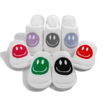 Plush Happy Face Slide On Slippers

- US Women's Size: S/M (6-8) M/L (8-10)
- 100% Polyester
- Rubber Sole