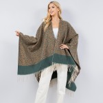 Soft Knit Leopard Print Kimono Ruana With Bold Contrast Stripe and Fringe Tassel

- One Size Fits Most 0-14
- 100% Polyester