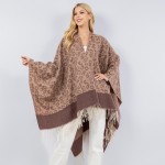 Soft Knit Leopard Print Kimono Ruana With Bold Contrast Stripe and Fringe Tassel

- One Size Fits Most 0-14
- 100% Polyester