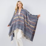 Wholesale soft Knit Aztec Print Kimono Ruana Fringe Tassel One Fits Most Polyest