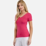 Wholesale women s Seamless Reversible V Neck Short Sleeve Top Fitted Silhouette