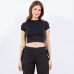 Wholesale stretch Ribbed Seamless Round Neck Crop Top Ribbed Material Stretchy P