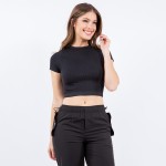 Wholesale stretch Ribbed Seamless Round Neck Crop Top Ribbed Material Stretchy P
