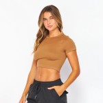 Wholesale stretch Ribbed Seamless Round Neck Crop Top Ribbed Material Stretchy P