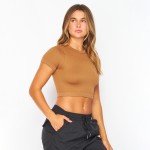 Wholesale stretch Ribbed Seamless Round Neck Crop Top Ribbed Material Stretchy P