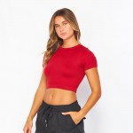 Wholesale stretch Ribbed Seamless Round Neck Crop Top Ribbed Material Stretchy P