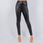 Wholesale fleece Lined Waisted Faux Leather Leggings Five Inch Waist Band Polyes