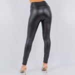 Wholesale fleece Lined Waisted Faux Leather Leggings Five Inch Waist Band Polyes