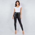 Wholesale fleece Lined Waisted Faux Leather Leggings Five Inch Waist Band Polyes