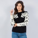 Wholesale soft Knit Leopard Sleeve Print Sweater Pack Crew Neckline Cotton Polye