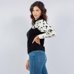 Wholesale soft Knit Leopard Sleeve Print Sweater Pack Crew Neckline Cotton Polye