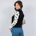 Wholesale soft Knit Leopard Sleeve Print Sweater Pack Crew Neckline Cotton Polye