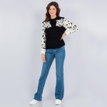 Wholesale soft Knit Leopard Sleeve Print Sweater Pack Crew Neckline Cotton Polye