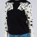 Wholesale soft Knit Leopard Sleeve Print Sweater Pack Crew Neckline Cotton Polye