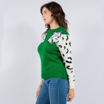 Wholesale soft Knit Leopard Sleeve Print Sweater Pack Crew Neckline Cotton Polye