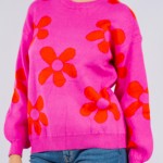 Wholesale soft Knit Retro Flower Print Sweater Pack Crew Neck Acrylic Polyester