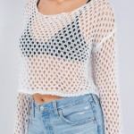 Wholesale crochet Fishnet Long Sleeve Cropped Swimsuit Coverup One Fits Most Pol