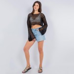 Wholesale crochet Fishnet Long Sleeve Cropped Swimsuit Coverup One Fits Most Pol