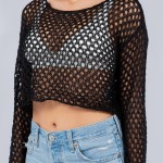 Wholesale crochet Fishnet Long Sleeve Cropped Swimsuit Coverup One Fits Most Pol