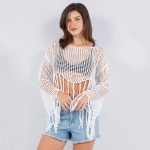 Wholesale knit Fishnet Long Sleeve Crop Top Swimsuit Cover Up Fringe One Fits Mo