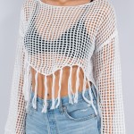 Wholesale knit Fishnet Long Sleeve Crop Top Swimsuit Cover Up Fringe One Fits Mo