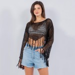 Wholesale knit Fishnet Long Sleeve Crop Top Swimsuit Cover Up Fringe One Fits Mo