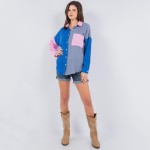 Wholesale lightweight Cotton Color Block Long Sleeve Top Pack Button Closure But