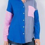 Wholesale lightweight Cotton Color Block Long Sleeve Top Pack Button Closure But