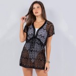 Wholesale lace Leaf Swimsuit Kimono Center Tie V Neckline Center Cinch Tie One F