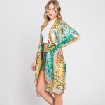 Wholesale hand Drawn Watercolor Tropical Leaves Print Kimono One Fits Most Polye