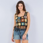 Knit Granny Square Swimsuit Cover Up Crop Top With Tassels

- One Size Fits Most (0-12) 
- 100% Polyester 