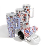 Americana Boots and Cowboy Happy Face Printed 40oz Double Wall Stainless Steel Vacuum Tumbler With Handle

- Screw On Matching Lid With Contrast Grip Featuring 3 Positions (Straw, Wide Mouth & Full Cover)
- Sturdy Handle (3.5" W Handle Opening)
- Straw Included (12" L) *
- Approximately 9.5" L X 3.5" D
- Cup Holder Friendly Design

* Straw Color May Vary