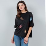 Wholesale oversized Cropped Boxy Tee Sequin Tigers Polyester Dry Clean Only