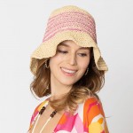 Wholesale do Everything Love Woven Straw Bucket Hat Thin Stripe Details One Fits