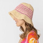 Wholesale do Everything Love Woven Straw Bucket Hat Thin Stripe Details One Fits