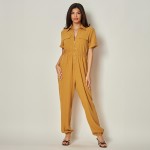 Wholesale front Zip Collared Jumpsuit Chest Flap Pocket Accents Smocked Waist Tw