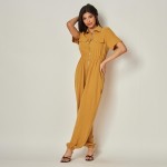 Wholesale front Zip Collared Jumpsuit Chest Flap Pocket Accents Smocked Waist Tw