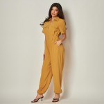 Wholesale front Zip Collared Jumpsuit Chest Flap Pocket Accents Smocked Waist Tw